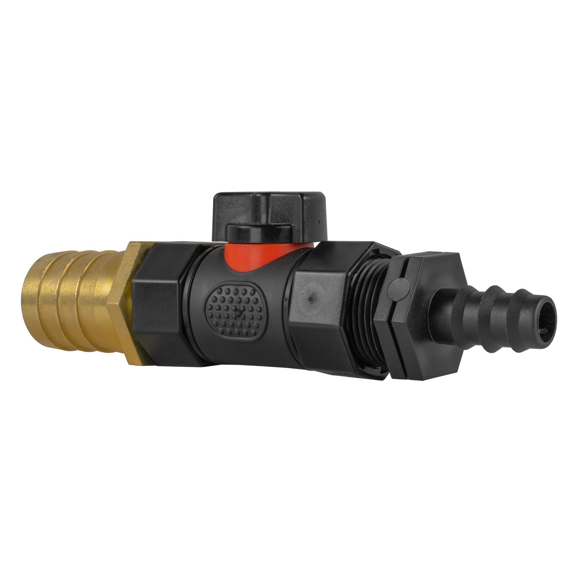16mm inline BSPF valve with brass push-fit end and black hose barb; orange top indicator