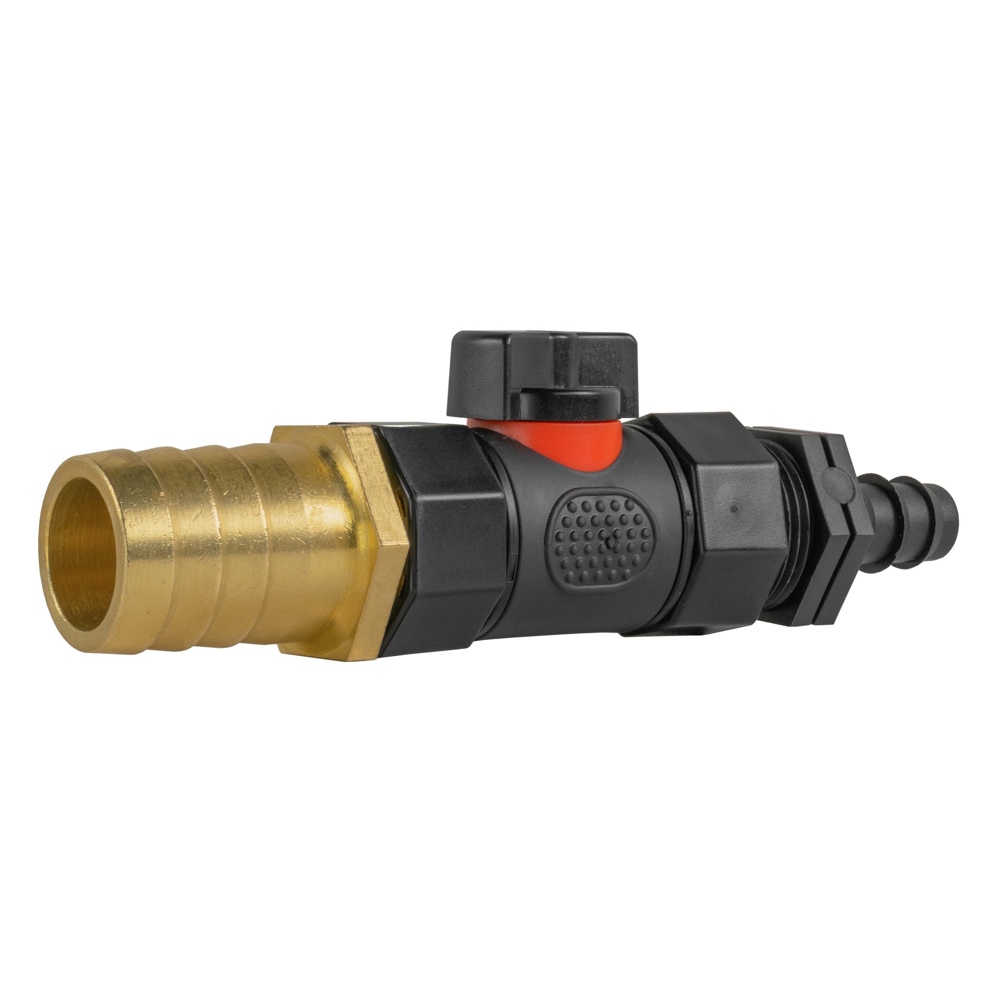 16mm inline BSPF valve, brass barbed inlet and black outlet barb with orange seal strip