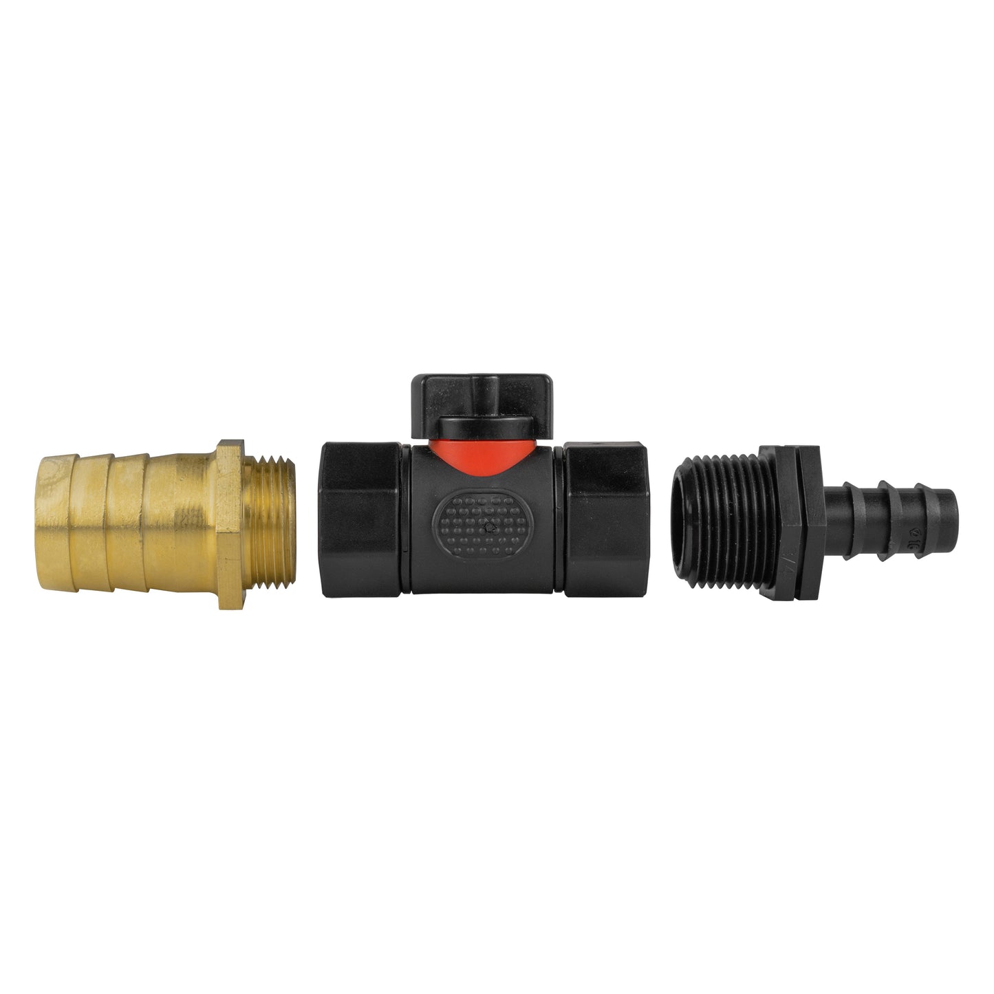 16mm straight inline BSPF valve showing brass connection and black threaded section; orange seal