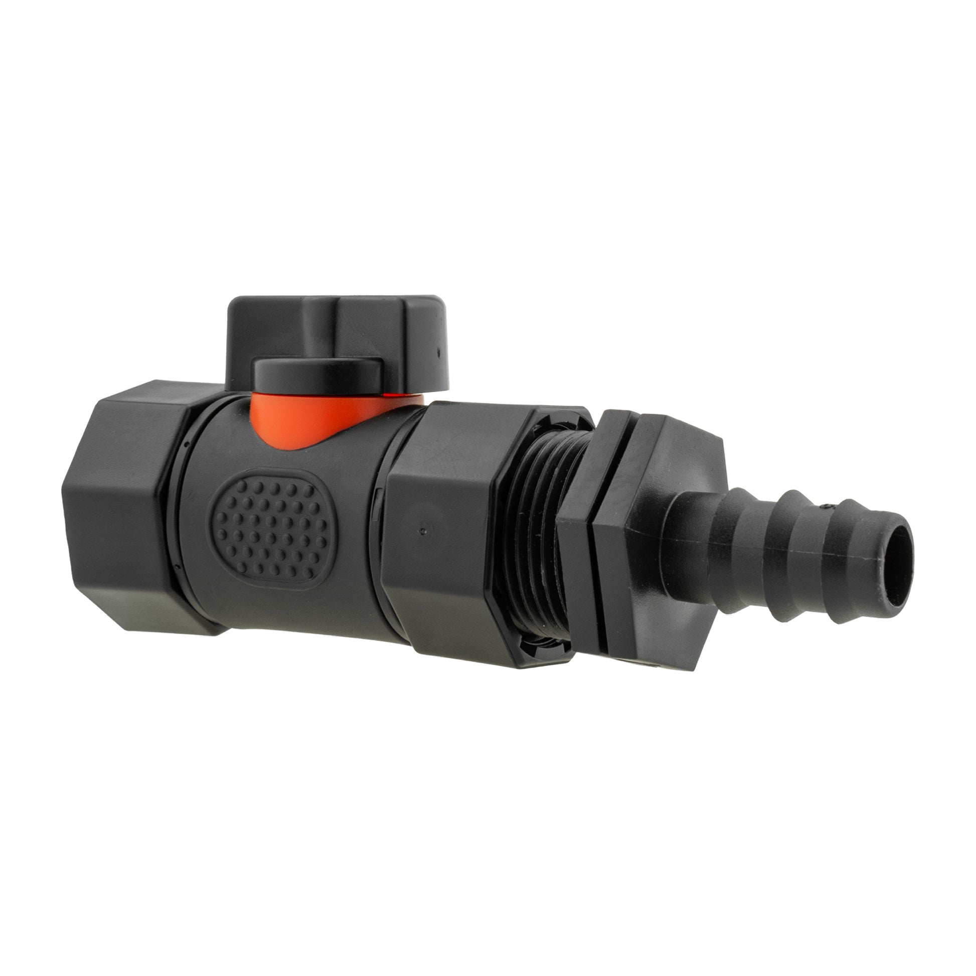 Straight barbed valve with BSPF threaded end, black housing and orange central panel.