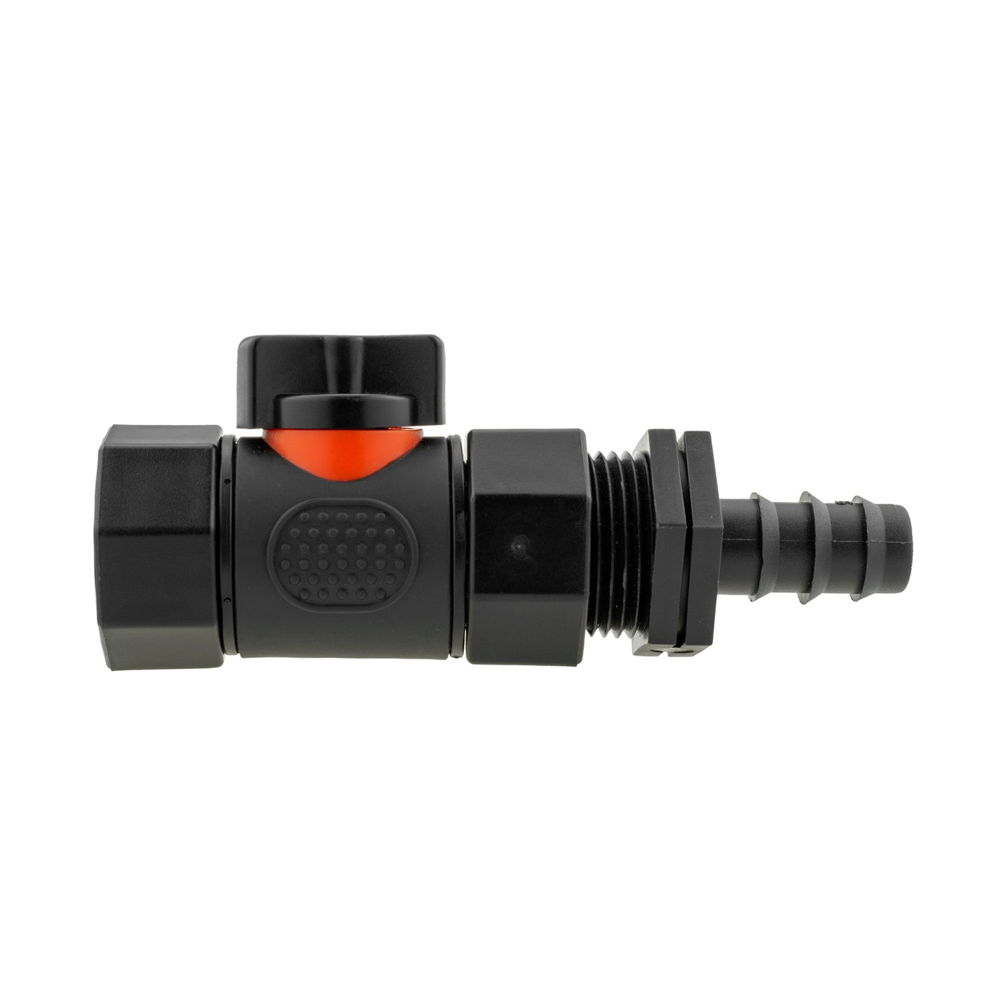 16mm Straight barb valve with in-line BSPF threads, black body and orange insert.