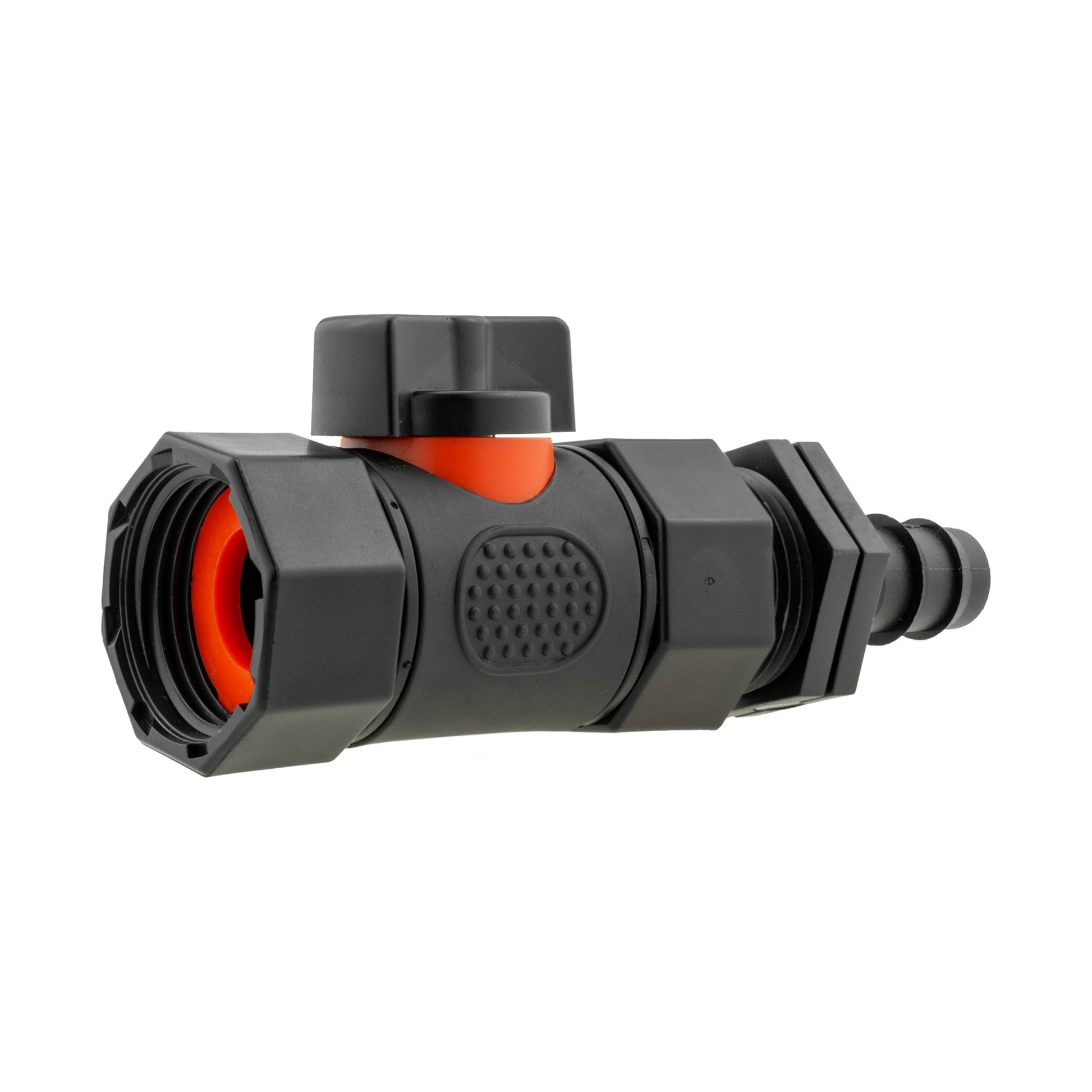 Black inline BSPF straight valve with barbed outlet and orange handle insert.