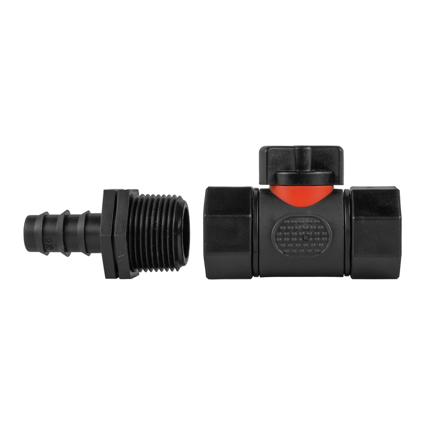 Straight barb valve showing BSPF threaded connection and barbed hose fitting, orange insert.