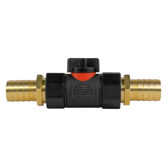 Inline BSPF valve with two 19mm brass barb connectors and black handle housing