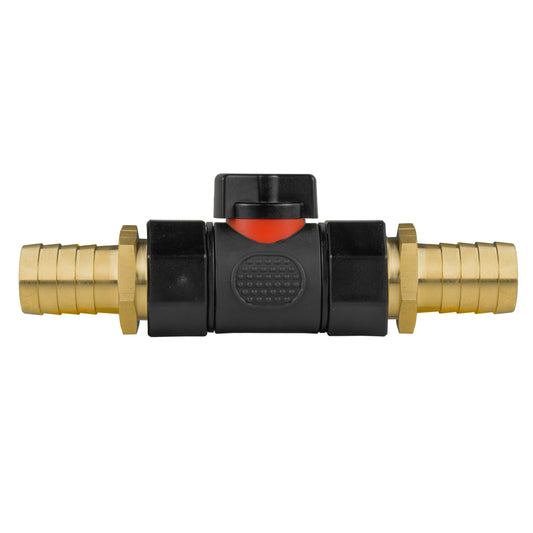 Brass barb inline BSPF valve, black body with orange indicator, 19mm and 25mm barbs