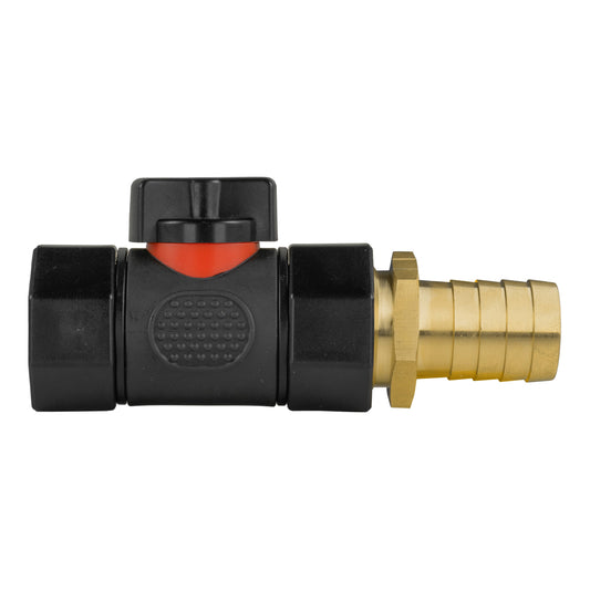 19mm brass barbed inline valve with BSPF threaded connection, black plastic body and orange cap