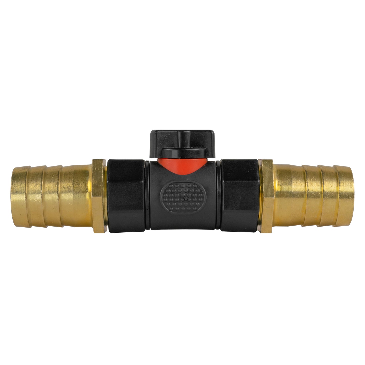 In-line BSPF valve with 2 x 25mm brass barb connectors, black body and orange control cap