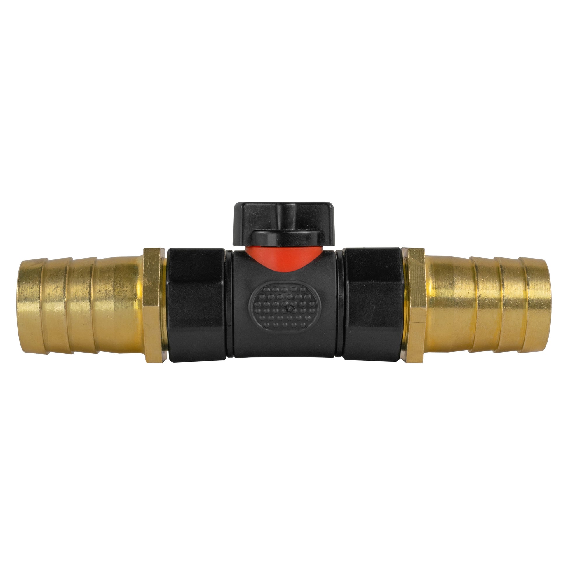 In-line BSPF valve with 2 x 25mm brass barb connectors, black body and orange control cap