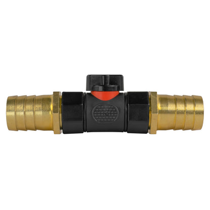 In-line BSPF valve with 2 x 25mm brass barb connectors, black body and orange control cap
