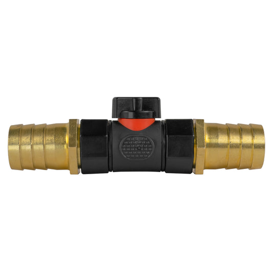 In-line BSPF valve with 2 x 25mm brass barb connectors, black body and orange control cap