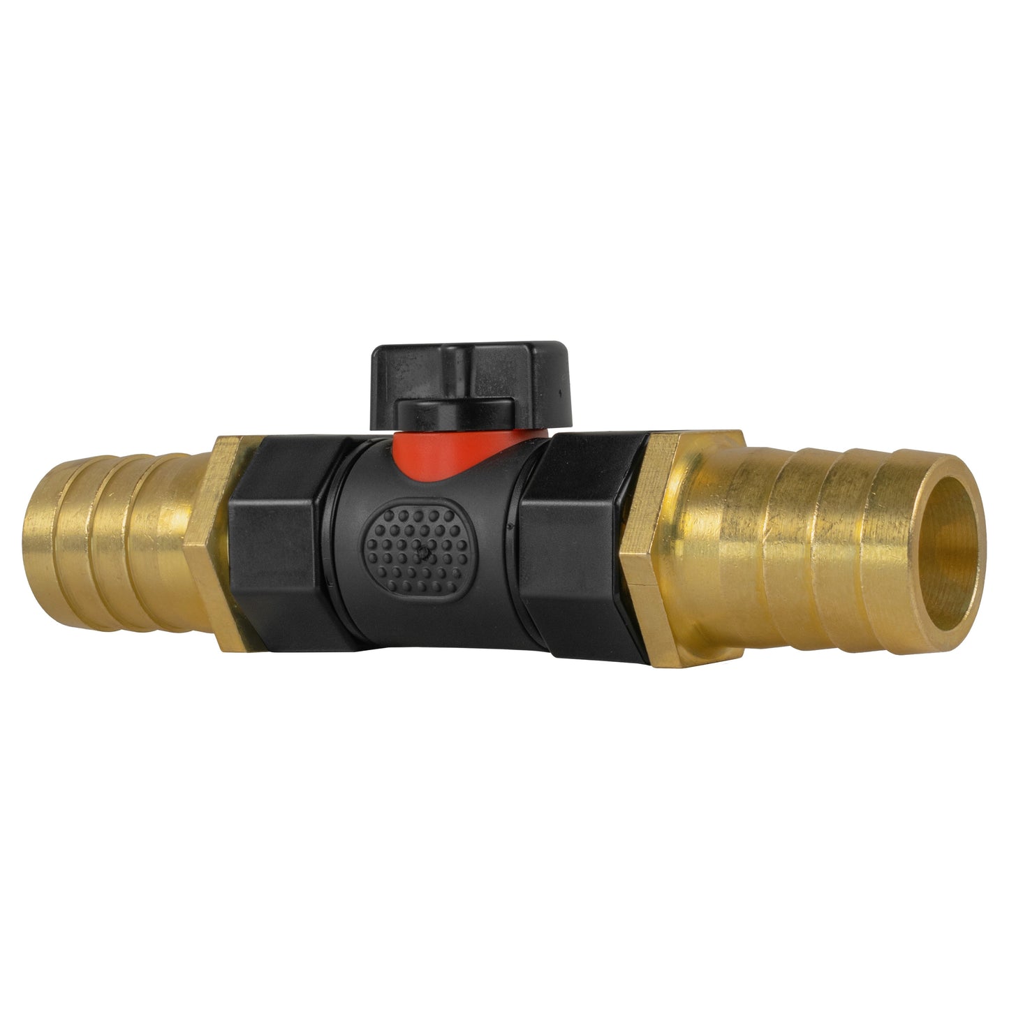 In-line BSPF valve, black housing with orange insert and 25mm brass barbed ends