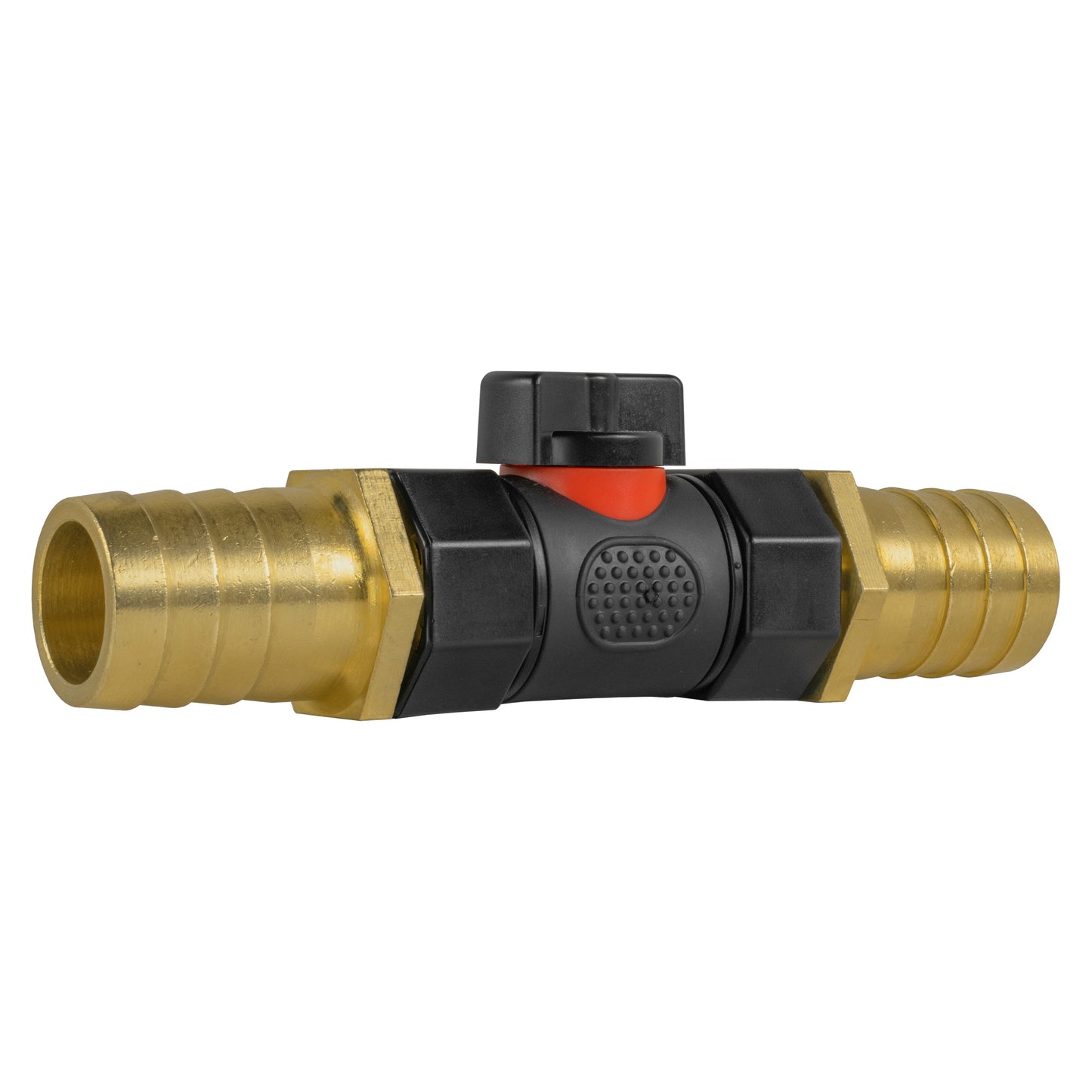 In-line BSPF valve with orange lever on black body and 25mm brass barb connectors