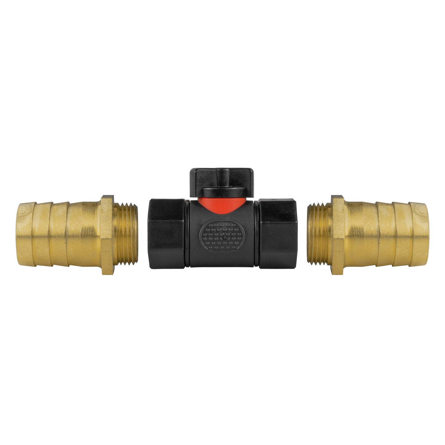 In-line BSPF valve showing 25mm brass barbs and black central valve section