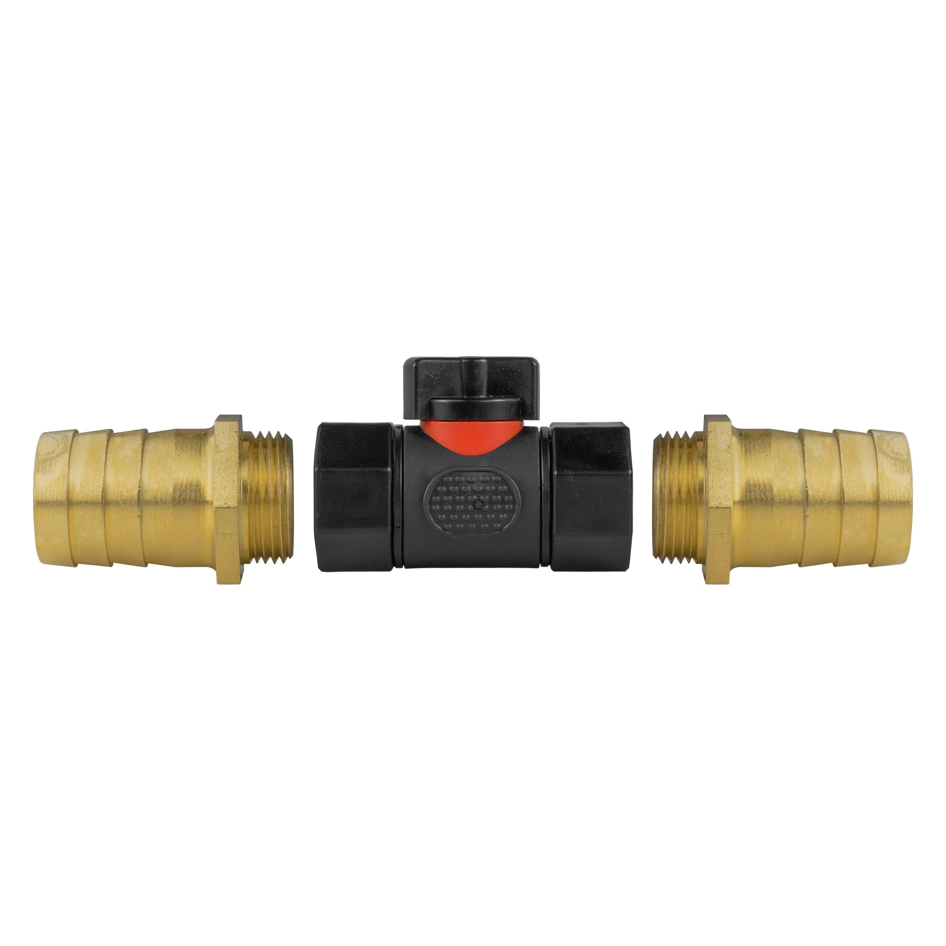 In-line BSPF valve showing 25mm brass barbs and black central valve section