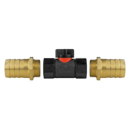 In-line BSPF valve showing 25mm brass barbs and black central valve section