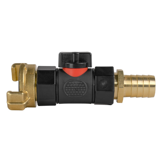 Geka type connector with in-line valve, black housing and brass 19mm barbed fittings