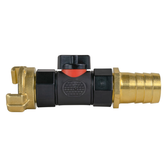 Geka Type connector with inline BSPF valve and 25mm brass barb fitting