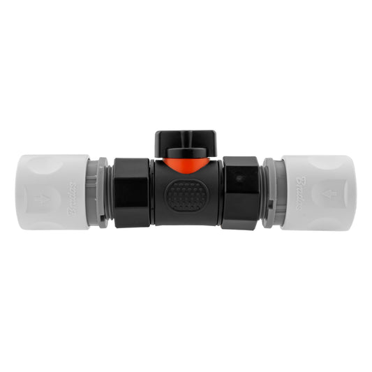 In-line BSPF valve with 2 hose connectors, black body with orange indicator, white ends