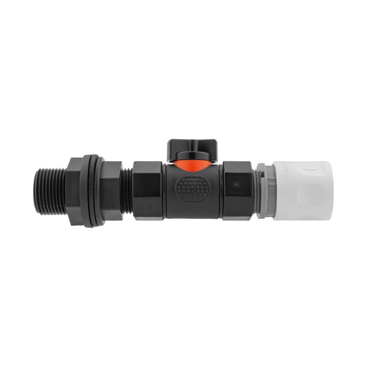 Hose connector with in-line BSPF valve and water butt connector, black and light grey ends