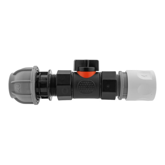 Hose connector with inline BSPF valve, straight 20mm MDPE ends in black and white