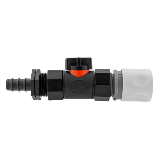 Hose connector with in-line BSPF valve, straight 16mm barbed ends, black with orange handle