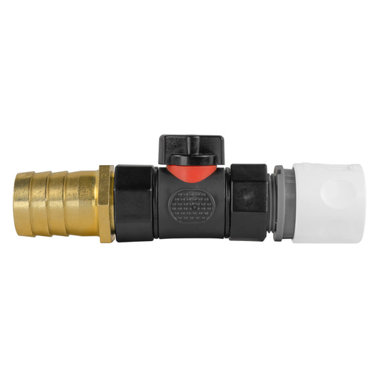 Hose connector with inline BSPF valve and 25mm brass barb, white hose end