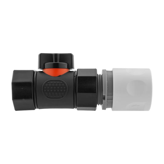 Hose connector with inline BSPF threaded valve, black body and orange indicator