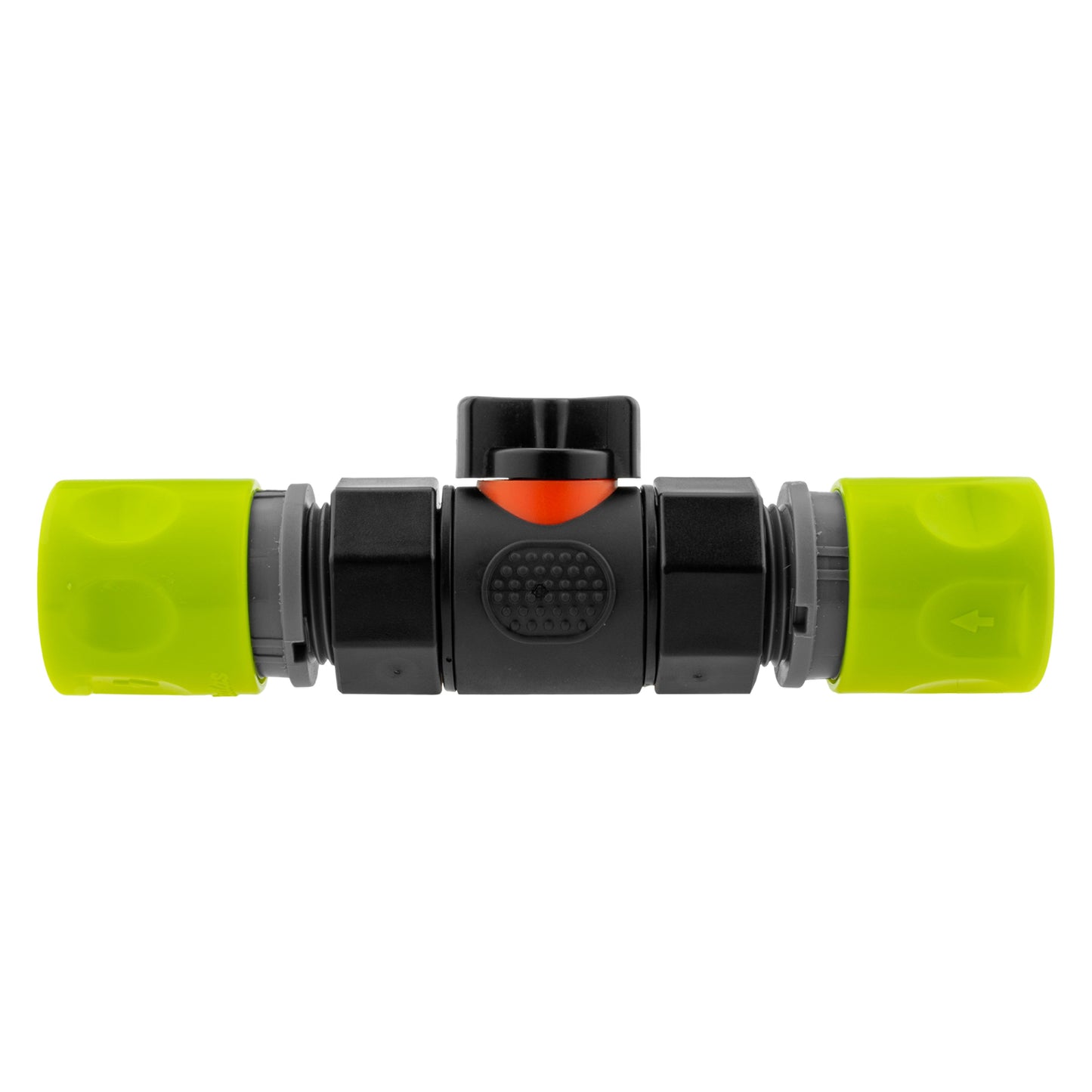 In-line BSPF valve with two lime hose connectors, black body and orange flow indicator