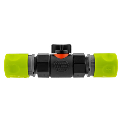 In-line BSPF valve with two lime hose connectors, black body and orange flow indicator