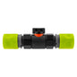 In-line BSPF valve with two lime hose connectors, black body and orange flow indicator