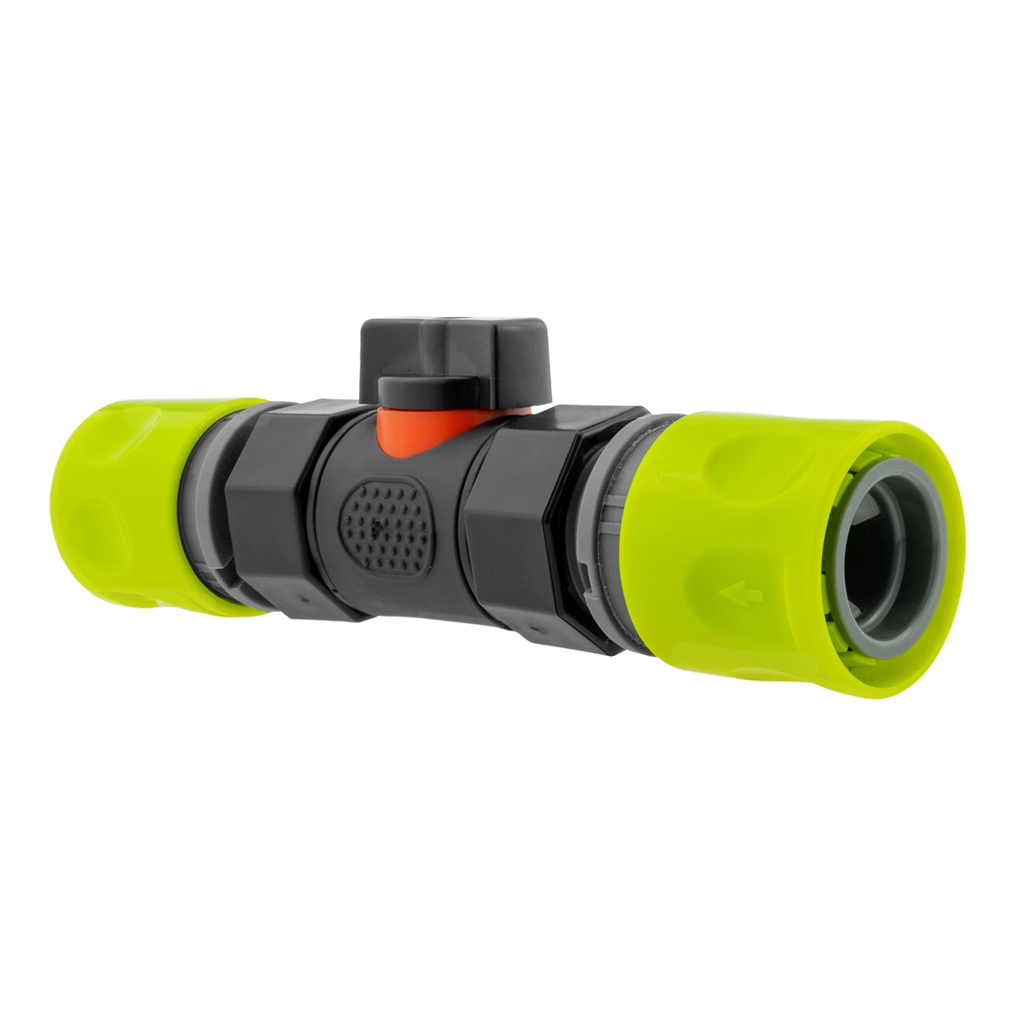 In-line BSPF valve, black housing with lime end connectors and orange arrow control