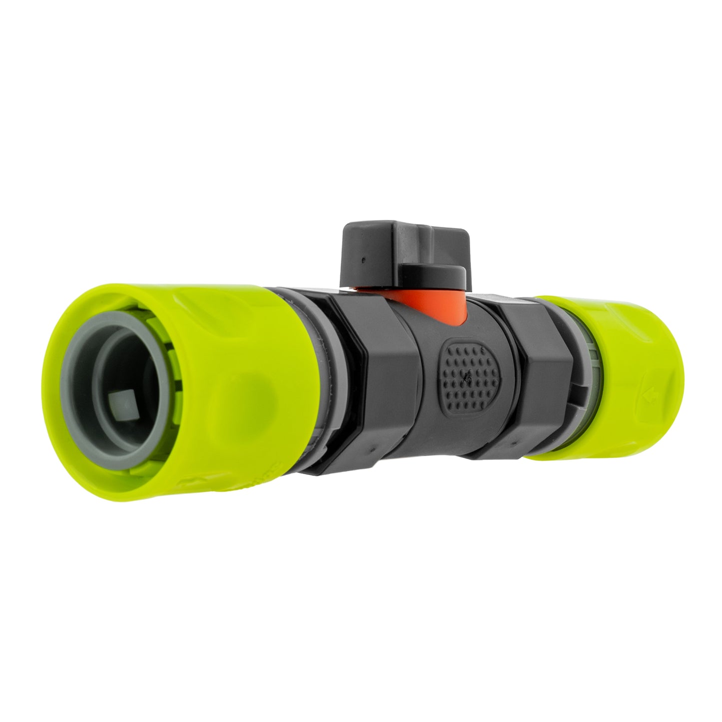In-line BSPF valve with lime connectors and central spray-style port on black body