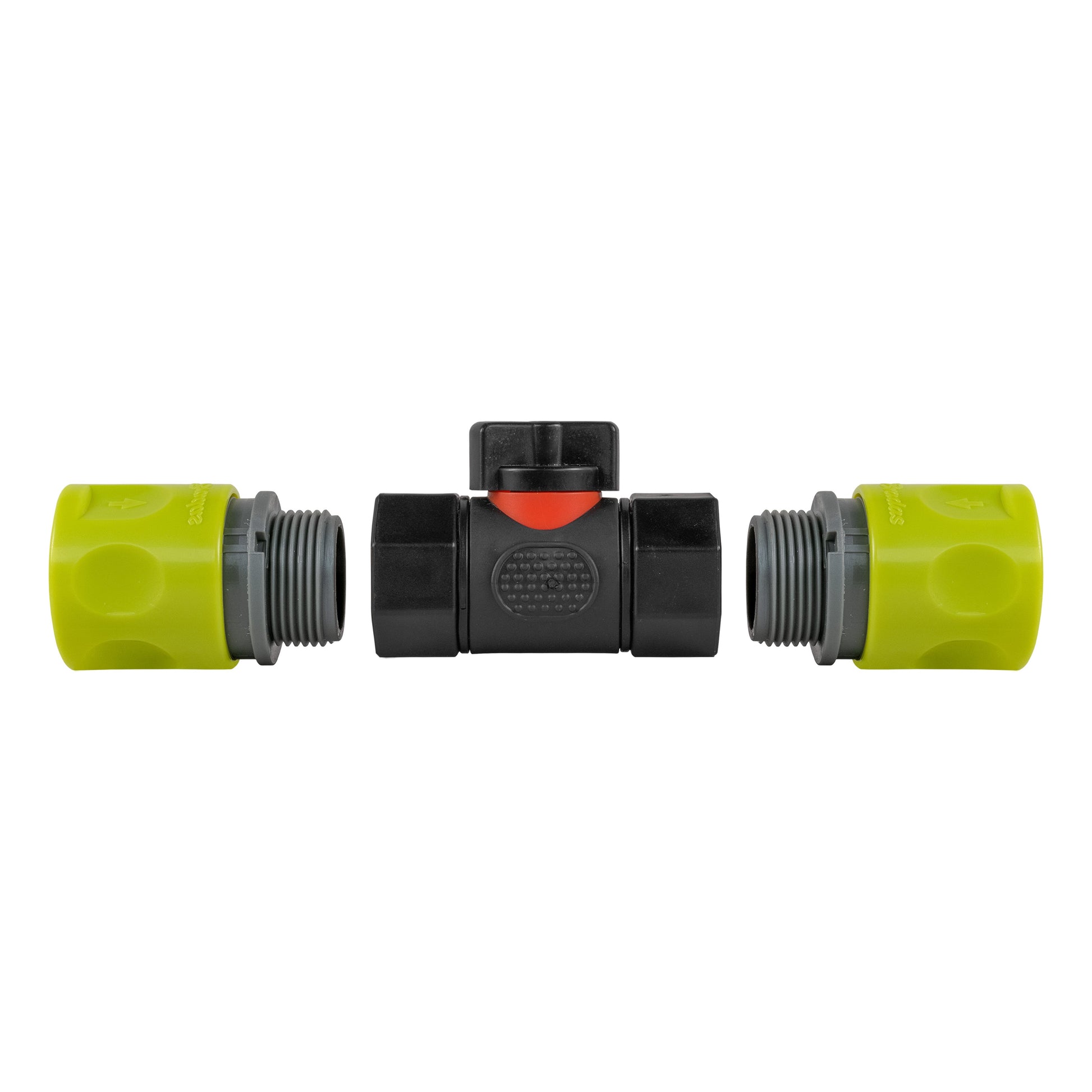 In-line BSPF valve, lime connectors with threaded ends and black control section