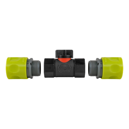 In-line BSPF valve, lime connectors with threaded ends and black control section