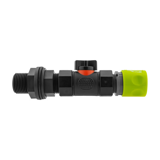 Lime hose connector with in-line BSPF valve, black body and orange/red lever