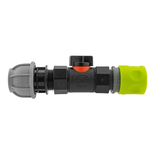 Lime hose connector with in-line BSPF valve, gray ends, black body and red control cap