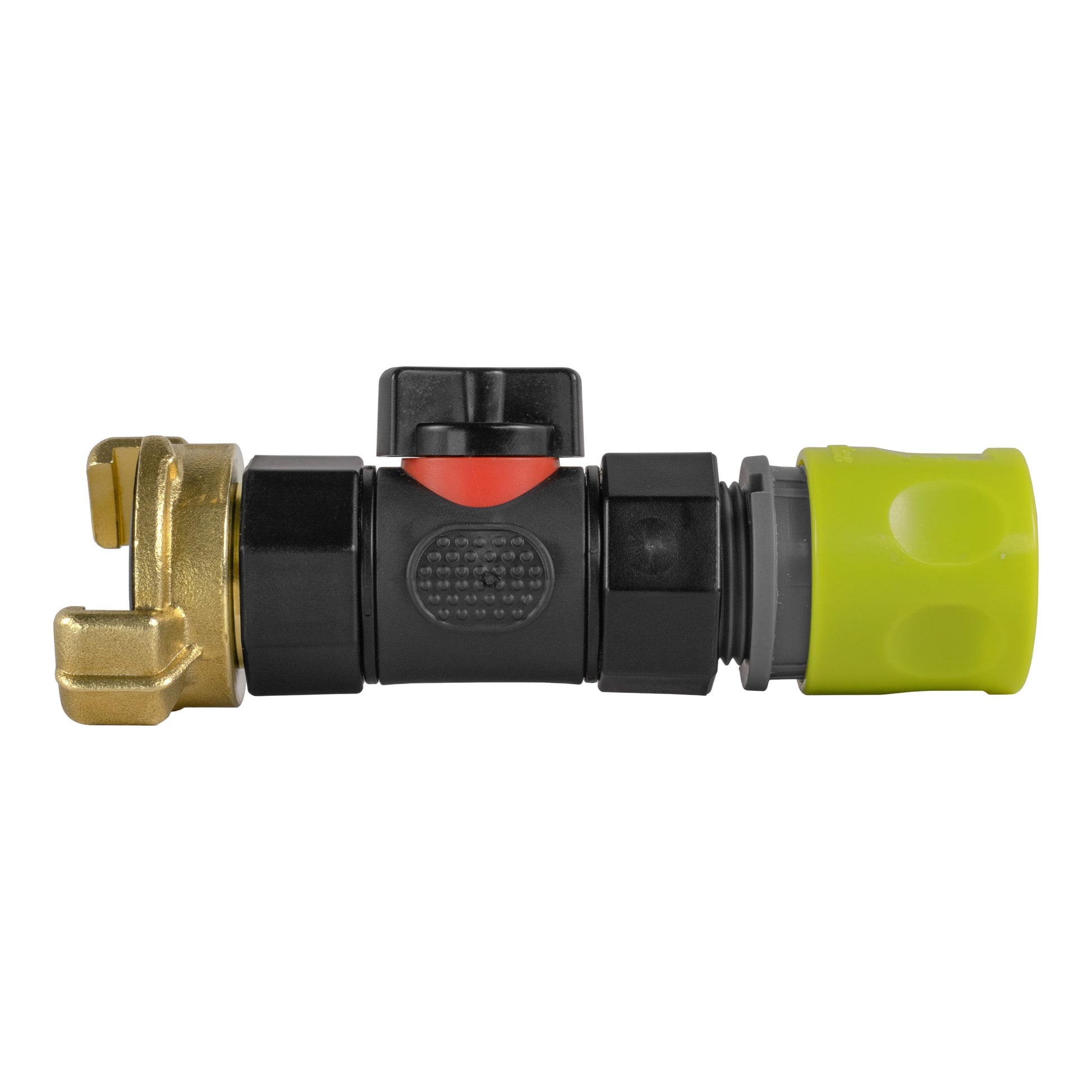 Hose connector with inline BSPF valve and Geka-style connector, lime end and red indicator