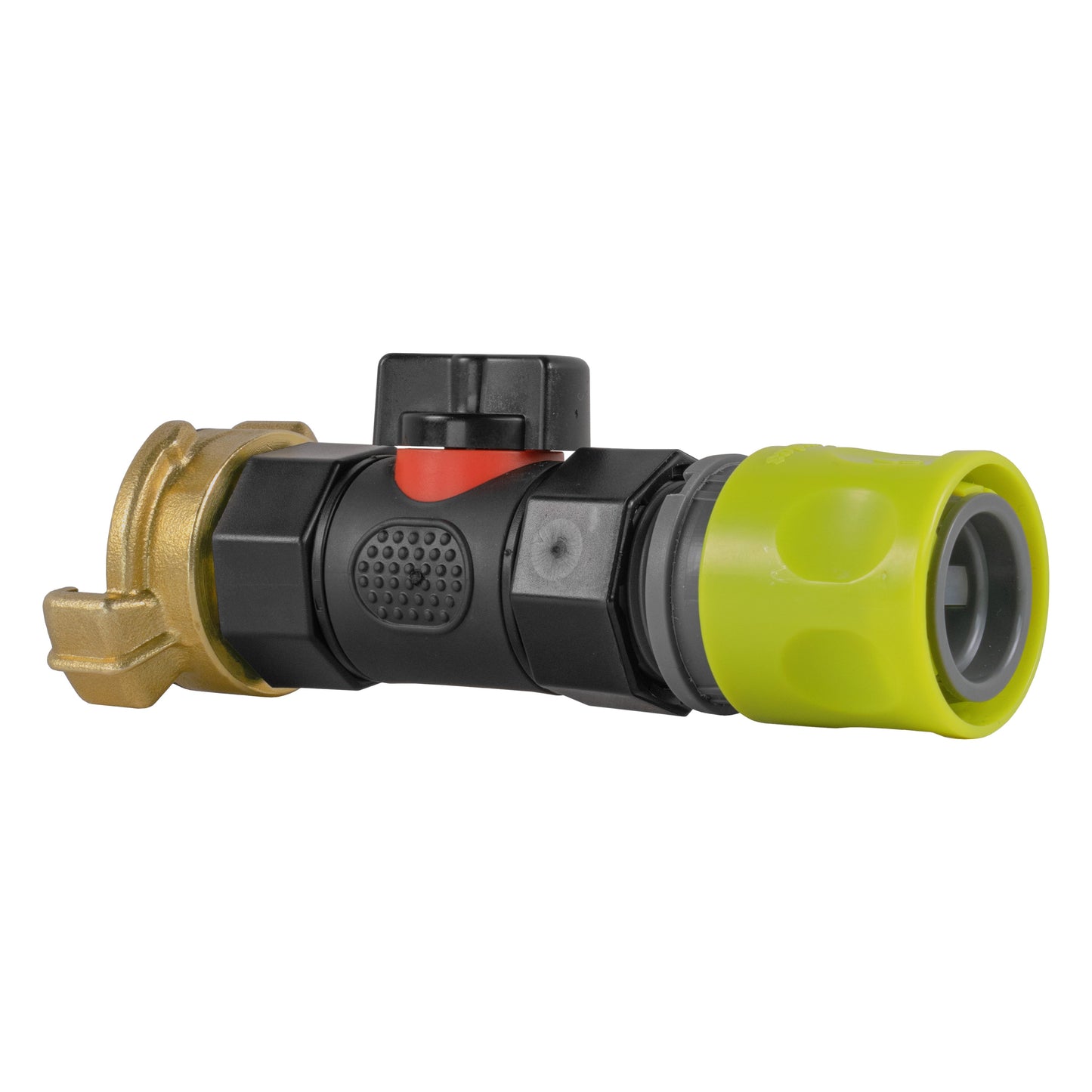 Brass inlet hose connector with inline BSPF valve, lime push-fit outlet, red valve indicator
