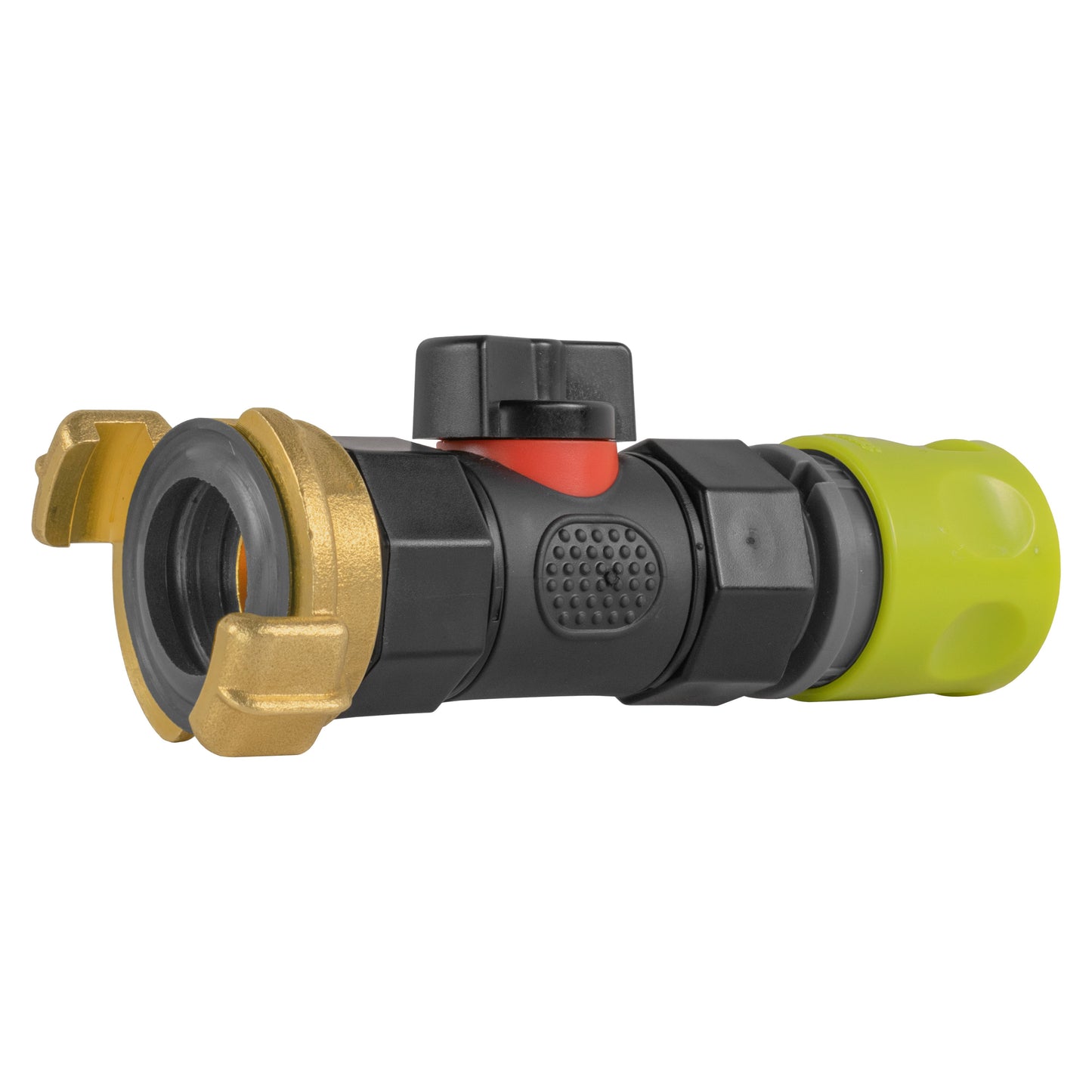 Hose connector with inline BSPF valve, side view of brass port and lime outlet