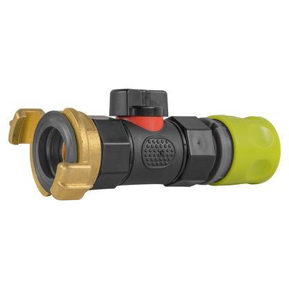 Hose connector with inline BSPF valve, side view of brass port and lime outlet