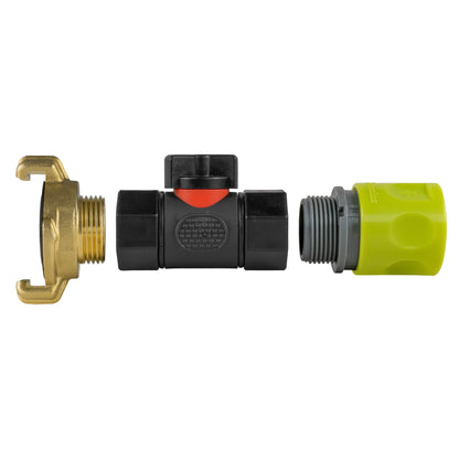 Hose connector with inline BSPF valve, BSPF threads on brass side and lime connector end