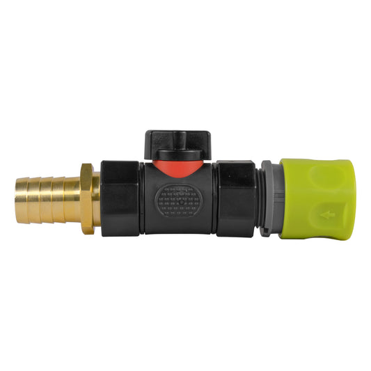 Lime hose connector with in-line BSPF valve and 19mm brass barb, black body