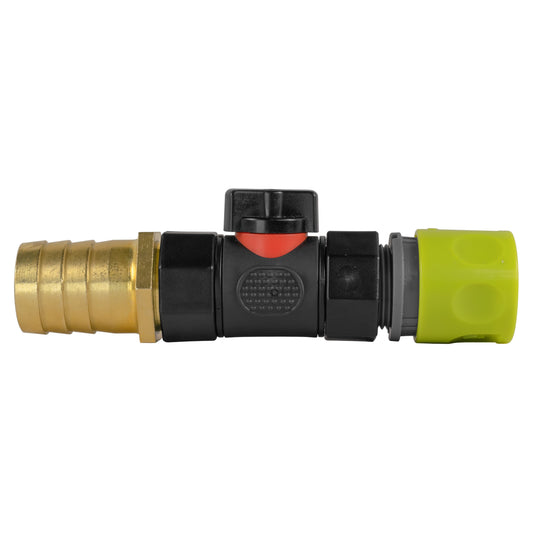 Hose connector with in-line BSPF valve, lime end and brass barb