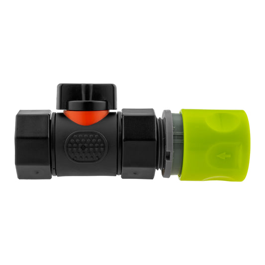 Hose connector with in-line BSPF threaded valve, lime end and black control body