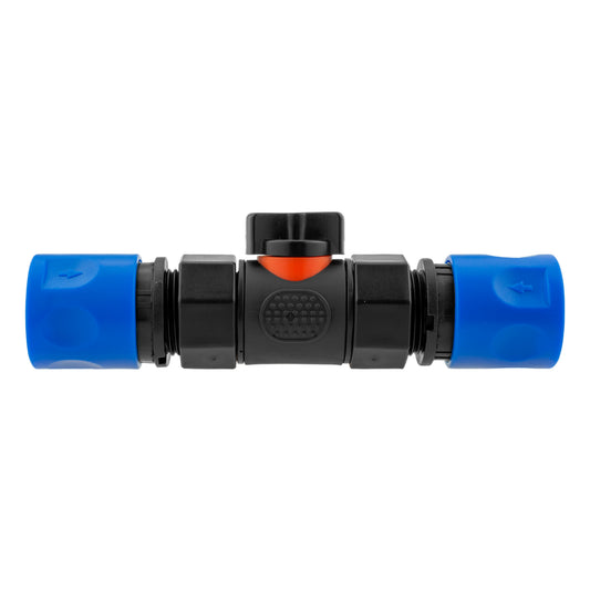 In-line BSPF valve with two blue hose connectors, black central body and orange insert