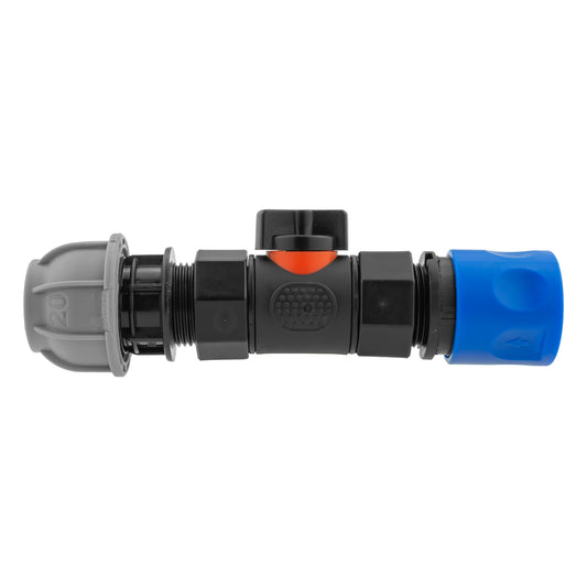 Straight hose connector blue with inline BSPF valve and orange control cap