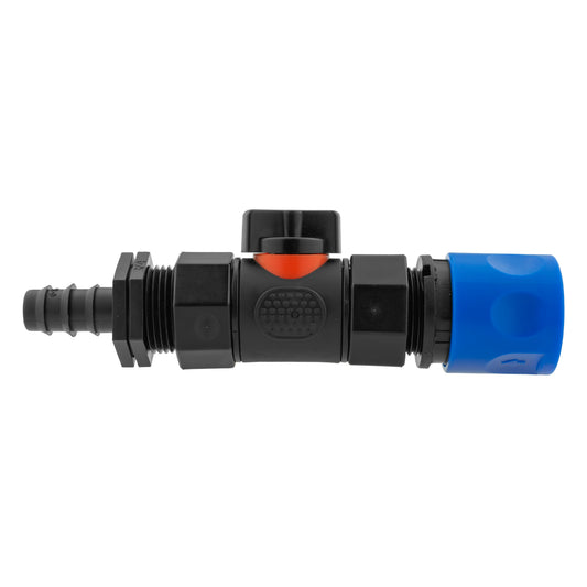 Blue 16mm Hose Connector straight with inline BSPF valve, black fittings