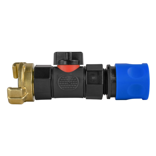 Blauer Schlauchverbinder mit Inline-Ventil und GEKA-Typ-Anschluss, Messing und schwarz