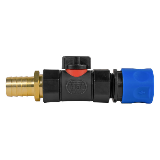 Blue hose connector with inline BSPF valve and 19mm brass barb, black/blue body