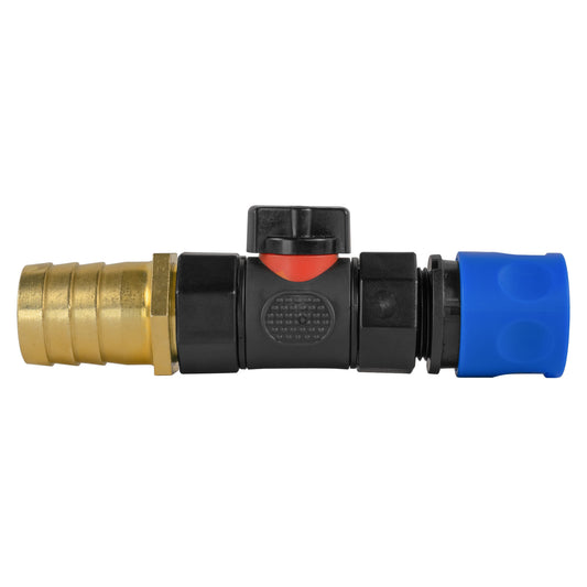 Hose connector with in-line BSPF valve and 25mm brass barb; blue hose end
